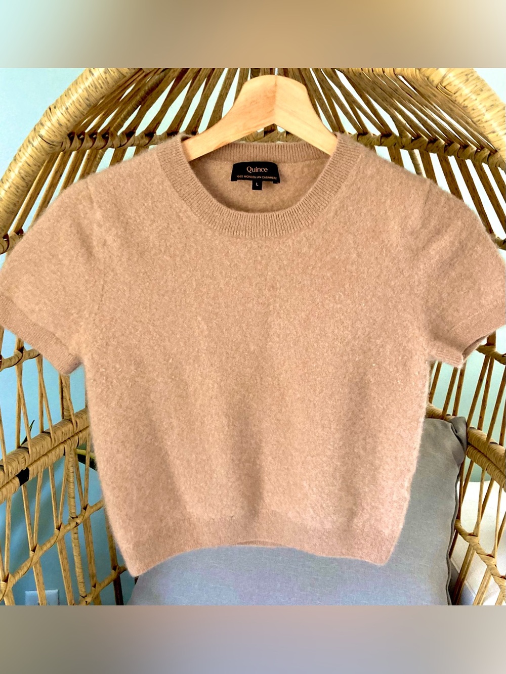 Quince 100% Mongolian Cashmere Cropped Sweater Tee Beige Tan Size L Fits S/M